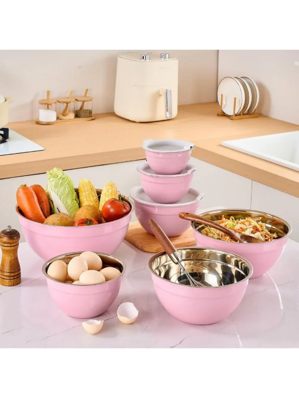 7-Piece Pink Nesting Mixing Bowls Set with Airtight Lids - Ideal for Baking
